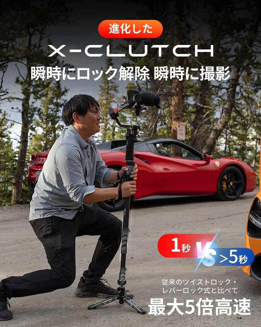 スポーツカーを背景に撮影用スタビライザーを使用する男性