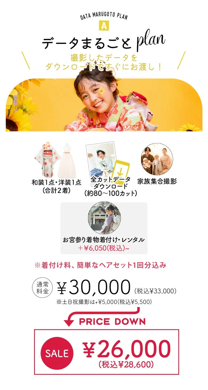 子供向けの写真撮影プラン「データまるごとplan A」の告知画像です。