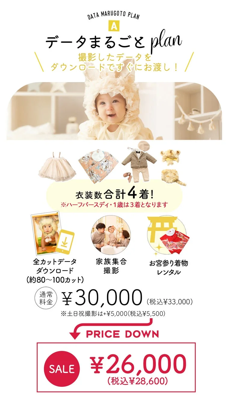 赤ちゃん向けの記念撮影プラン「データまるごとplan A」の広告。